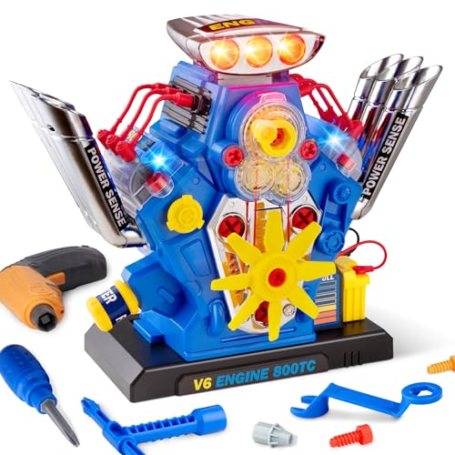 POFJOEQ STEM New V6 Engine Model Building Kit60-Piece Take Apart Toy with Realistic Lights & Sounds Tools - Mechanic Repair Playset for Kids Ages 3-5