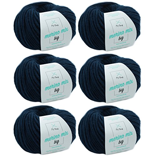 MyOma Merino Strickgarn - Marine (Fb 3409) - 6 Knäuel Dunkelblaue Merinowolle Dick - Weiche Wolle - Nadelstärke 6-7mm - Lauflänge 50g/75m