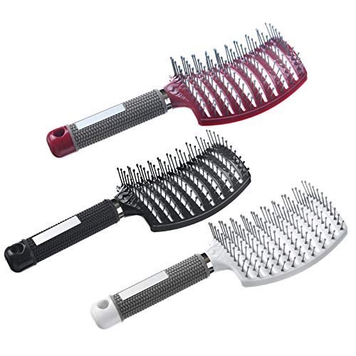 3 Pack Professional Curved Vented Styling Hair Brush for Long Thick Curly Hair, Barber Hairdressing Styling Tools Fast Drying Hair Detangling Massage Brushes (Black, White, Red)