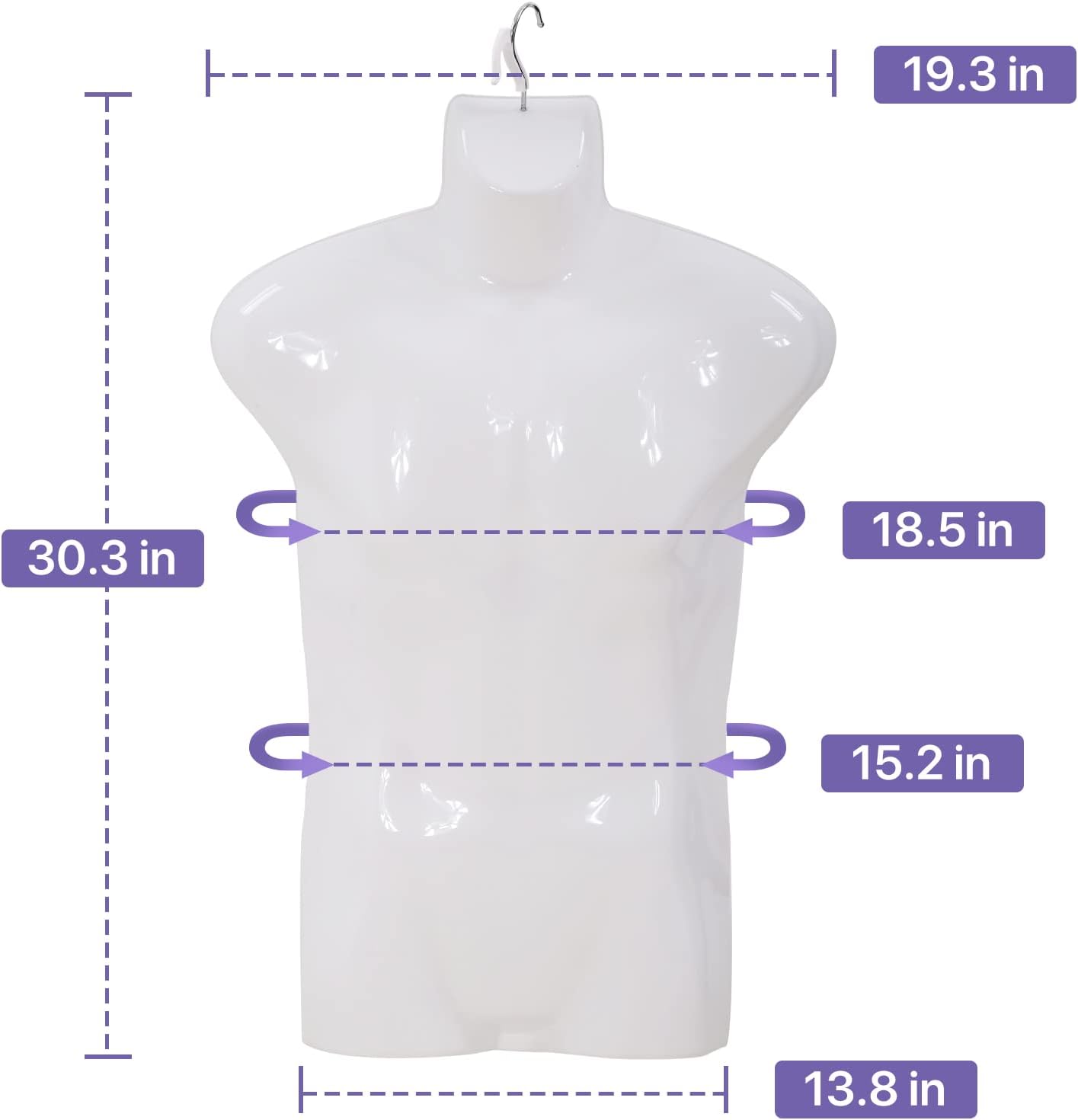 4-Packs Male Mannequin Torso Set 30" Dress Form Hollow Back Half Body Clothing Display Plastic Adult Table Shirt Mannequin Model Stand with Metal Hook for Hanging - Craft Shows or Design, White