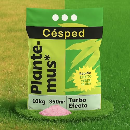 PLANTEMUS Abono Césped Efecto Verde Turbo, Visible 2-4 Días, Verde Intenso 7-9 Días, Fertilizante Nitrogenado, Perfecto Eventos, Tecnología Alemana, 10 KG, 350 m²