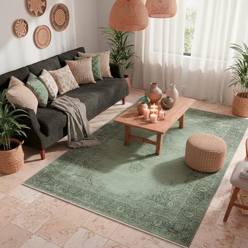 Kelim Vintage Teppich Wohnzimmer Grün 120 X 160 cm - Moderner Kurzflor Teppich - Super Soft
