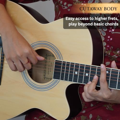 Image of Henrix PRO 40C 40-Inch Wood Cutaway Acoustic Guitar With Dual Action Truss Rod, Gigbag, Picks, String Set, Strap, Cloth & Ebook - Natural