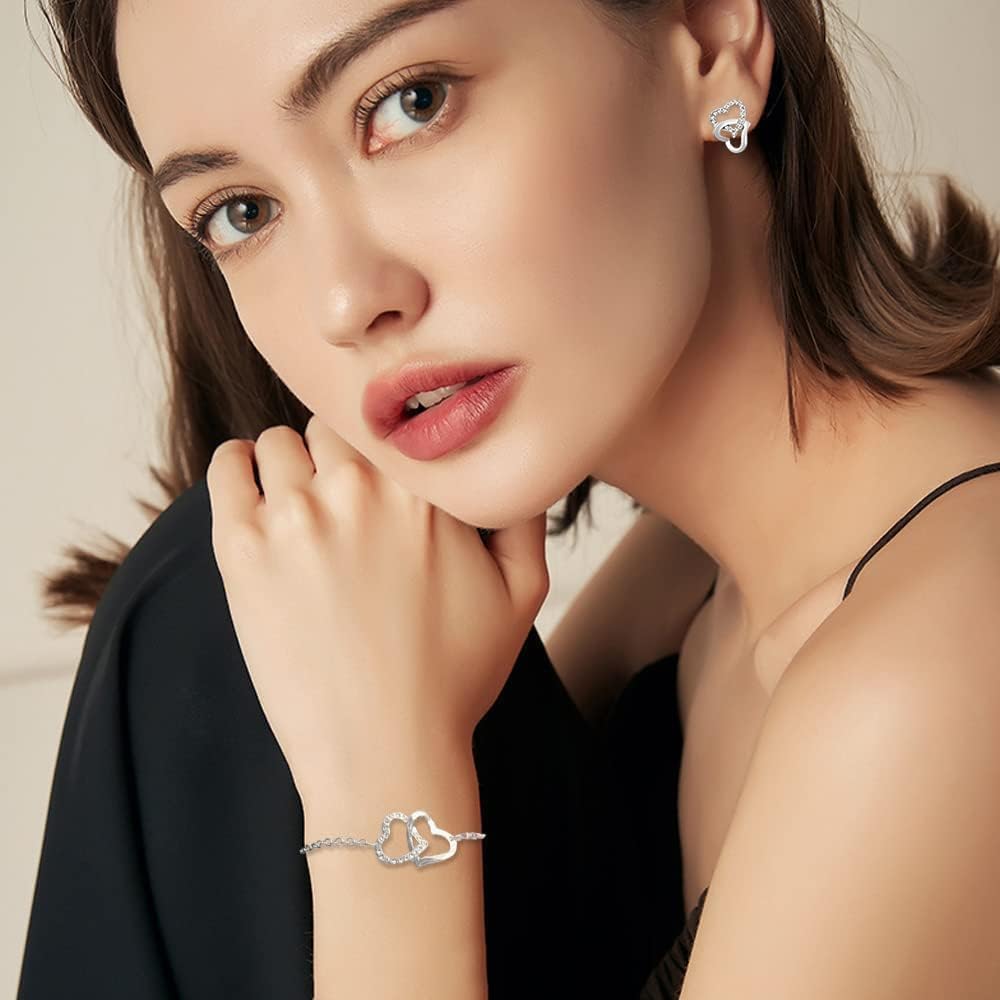 Jewellery Set Silver 925 Women’s Shiny Crystal Heart Shape Chain Necklace Earrings Bracelet Jewellery Sets Gifts for Women