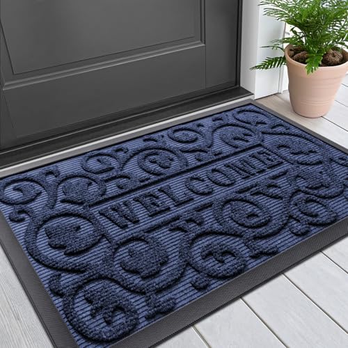 Image of Smiry Welcome Door Mat Outside Entrance, Heavy Duty Trap Dirt and Moisture Easy Clean Low Profile Patio Porch Indoor Outdoor Front Doormat for Entry, 29.5x17 Inch, Navy Blue