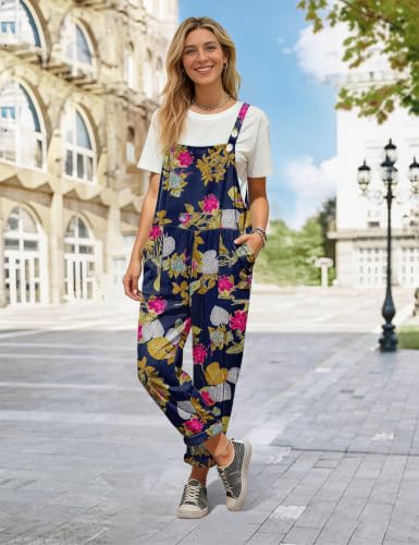 Image of YESNO Women's Overalls Cotton Boho Casual Floral Bib Jumpsuit Baggy Adjustable Strap Romper with Pockets PVV