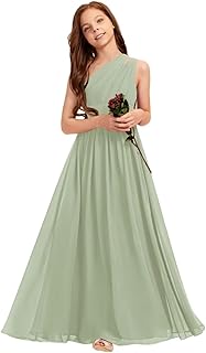 A-line One Shoulder Floor-Length Chiffon Junior Bridesmaid Dress for Wedding Teen Girls Party Gowns - Buy now