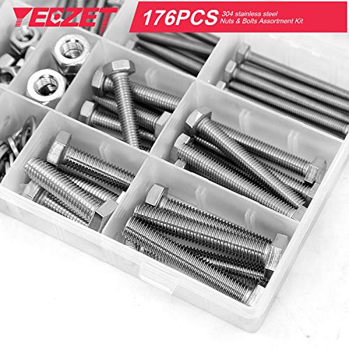 YEEZET 176 pcs M6 M8 M10 Schrauben und Muttern Sortiment aus 304 Edelstahl Sechskantschrauben Unterlegscheiben Federringe & Muttern Sortiment Kit