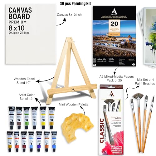 Image of ArtRight 39 Pcs Painting Kit for Beginners & Kids with 4 Paint Brushes - Mini Wooden Easel with Canvas - 20 A5 Watercolor Papers - Mini Painting Palette - Artists Color Set of 12