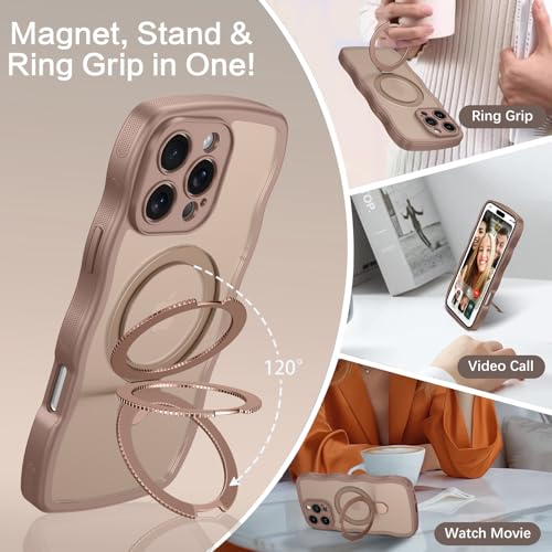 Image of GUAGUA for iPhone 16 Pro Max Case with Stand, Magnetic Cases Curly Wavy Edge Anti-Slip Translucent Matte Back Invisible Ring Shockproof Kickstand Cover for iPhone 16 Pro Max, Brown