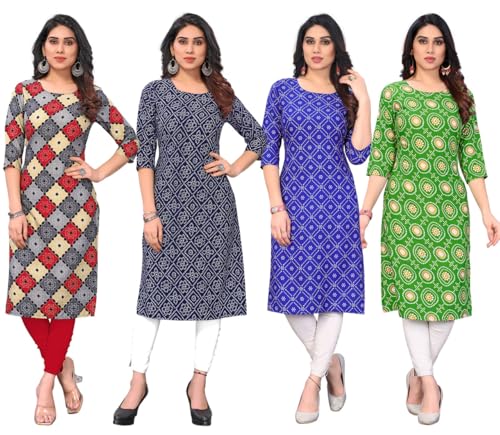 Image of JAKHANA Women's Crepe Printed Casual Straight Calf Length Round Nick Kurta Pack of 4