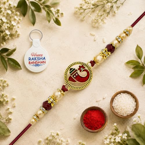Image of Riddhika Ventures Religious Gold Plated Meenakari Sacred Ganesha Rakhi with Roli Chawal, Greeting Card & Happy Raksha Bandhan Keychain