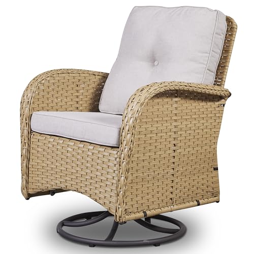Belord Patio Furniture Swivel Glider PE Wicker Chairs, Outdoor Swivel Rocker Seating with Cushions for Porch Deck Balcony, Yellow Wicker Beige Cushion