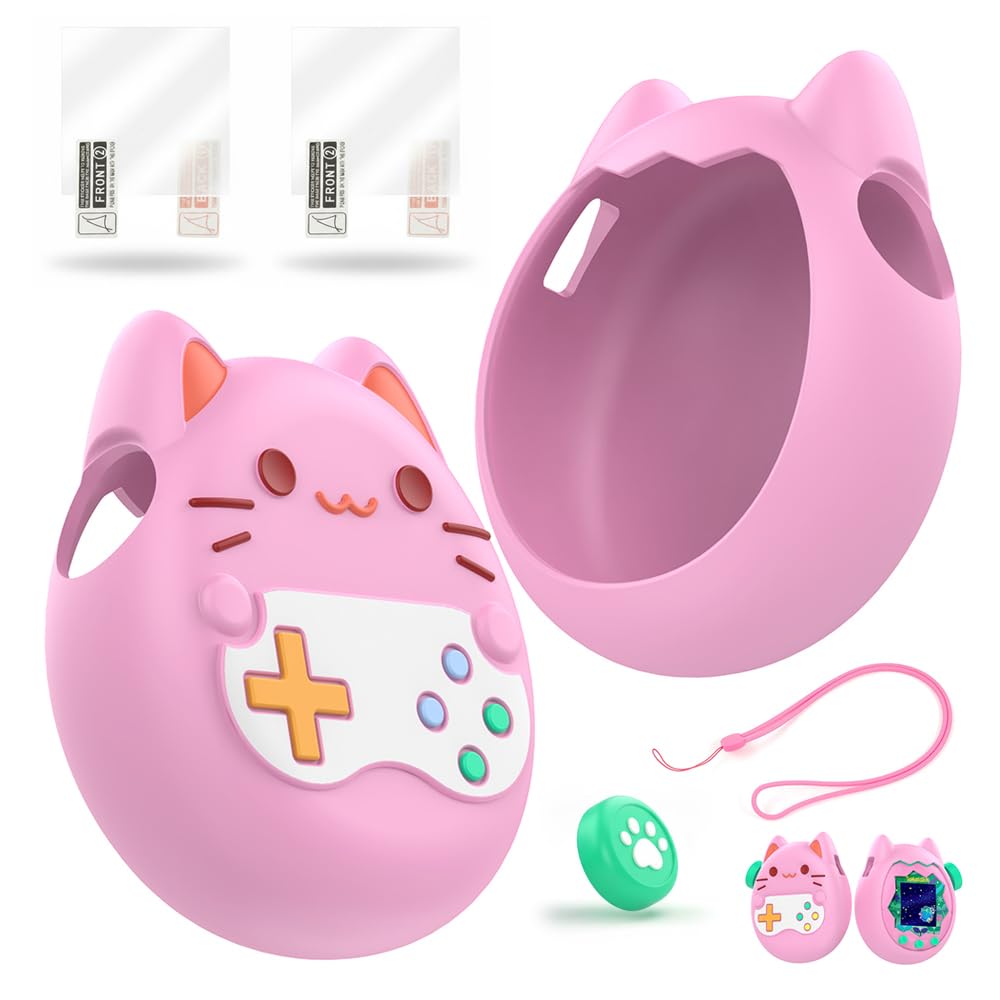 MILANQW For tamagotchi paradise っちパラダイス ケース カバー セット ピンク 猫デザイン キーキャップ 高清 保護フィルム 2枚 ストラップ 強化保護 耐衝撃 防水 防塵 柔軟シリコン 可愛い 携帯便利