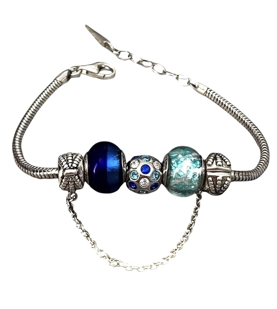 Bracciale Charm Gradiente di Blu Vetro di Murano Autentico & Argento 925 Rodiato, Taglia unica, Perla