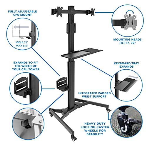Mount-It! Adjustable Mobile Pc Workstation For Dual Monitors | Mobile Standing Computer Cart With Adjustable Keyboard Tray And Cpu Holder | Rolling Computer Desk Fits Monitors 13 To 32 Inches #TOP2