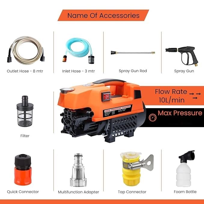 Image of Leafly Portable High Pressure Washer, Car Washer, 1800 Watts Motor, 120 Bars, 6.5L /Min Flow Rate, 8 Meters Outlet Hose for Car, Bike & Home Cleaning | Black and Orange (Pressure Pump)
