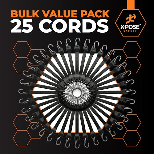 Image of Rubber Bungee Cords with Hooks 25 Pack 41 Inch (62 inch Max Stretch) Heavy-Duty Black Tie Down Straps for Outdoor, Tarp Covers, Canvas Canopies, Motorcycle, and Cargo - by Xpose Safety