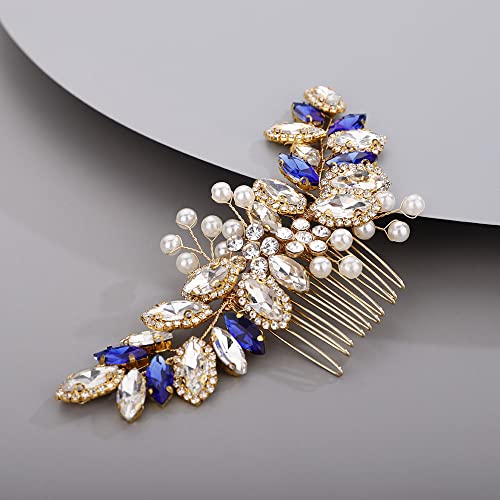 Chargances Blue Crystal Bride Wedding Hair Comb Pearl Bridal Hair Pieces Blue Rhinestone Hair Accessories Sapphire Bridal Hair Pinspiece Gift For Women And Girls (Gold) #TOP18