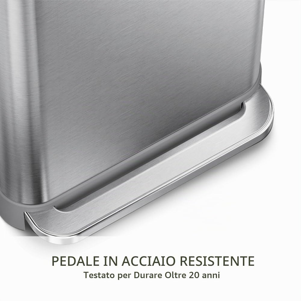 simplehuman CW2023 cestino rettangolare con pedale e porta sacchetti, pattumiera da cucina, acciaio inox spazzolato, 55 L