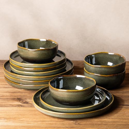 Image of TheTerra Ceramic Dinnerware Sets for 4, 12 Pieces Porcelain Lightweight Plates and Bowls Sets, Scratch Resistant Dish Set, Oven & Microwave & Dishwasher Safe, Olive Moss