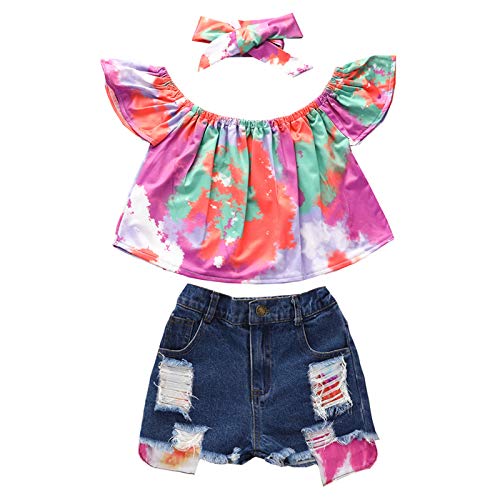 Toddler Baby Girls Summer Clothes Set Off Shoulder Tops and Denim Short Pants 3pcs Outfits (Rose, Age 5T)