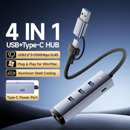 Image of 4-in-1 USB 3.0 Hub with Gigabit Ethernet Adapter, Space Gray Aluminum, 3 USB Ports, RJ45 LAN Port, Compatible with Windows, Mac OS, 1000Mbps Network Speed