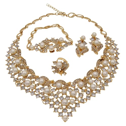 LAMGUL 4 Piezas de 18 Quilates para Mujer, Conjuntos de joyería de Cristal Brillante, Collar de Perlas, Pulsera, Pendientes, Anillos, Conjuntos de joyería de Boda para Novia, Dama de Honor, Fiesta de