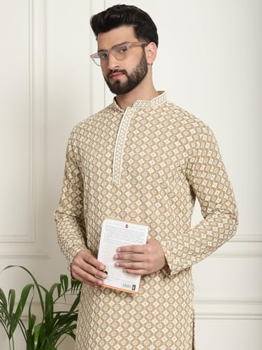 Image of SOJANYA Men's Cotton Regular Fit Casual (Since 1958 Contrast Embroidered Sequinned Long Kurta