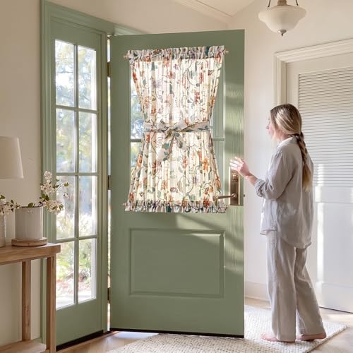 Image of jinchan Hattie Floral French Door Curtain 40 Inch Length Vintage Cottage Core Farmhouse Linen Decor for Glass Door Light Filtering 1 Panel with Tie Up Bow Rod Pocket Beige