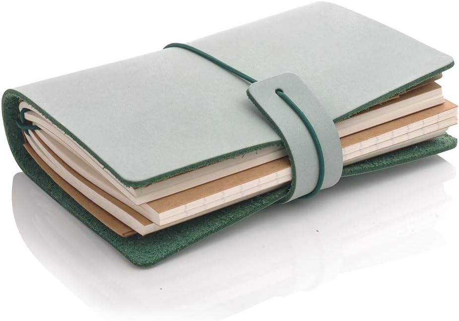 Leather Journal Refillable Travelers Notebook, Antique Handmade Leather Writing Diary Notepad, Travel Journal Notebook for Men & Women, Medium Size 5.2" x 4" (Green)