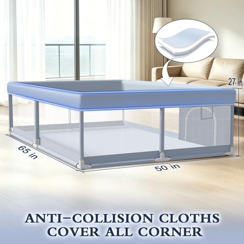 Image of XVISHX 65 x 50 Inch Baby Playpen, Playpen for Babies and Toddlers, Baby Play Pen Playard for Indoor & Outdoor Active Center Game Fence, with Skin-Friendly Fabric and Soft Breathable Mesh, Grey