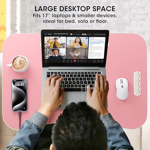 Image of Folding Lap Desk, 23.6 Inch Wood Laptop Bed Desk with Cup Holder, Portable Bed Table for Working Writing Reading & Eating for Bed, Sofa, Couch, Floor - Pink