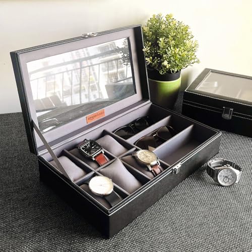 Image of Amazon Basics Unisex Faux Leather Watch Organiser Box with 9 Slots | 6 Watch Storage Compartments | 3 Sunglasses Holder | Transparent Lid (Black)