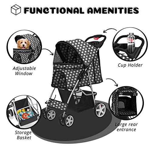 Flexzion Carrinho de bebê para animais de estimação (preto pontilhado) Gaiola de transporte para ani