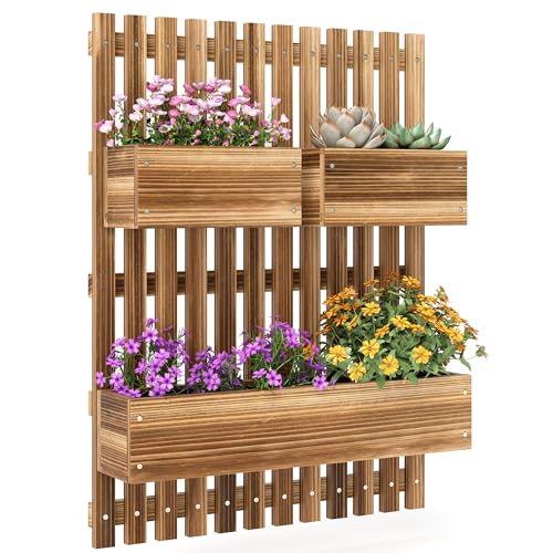 Outsunny Wall-mounted Wooden Garden Planters with Trellis, Drainage Holes and 3 Movable Planter Boxes, Wall Raised Garden Bed for Patio, Carbonised