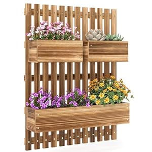 Outsunny Wall-mounted Wooden Garden Planters with Trellis, Drainage Holes and 3 Movable Planter Boxes, Wall Raised Garden Bed for Patio, Carbonised