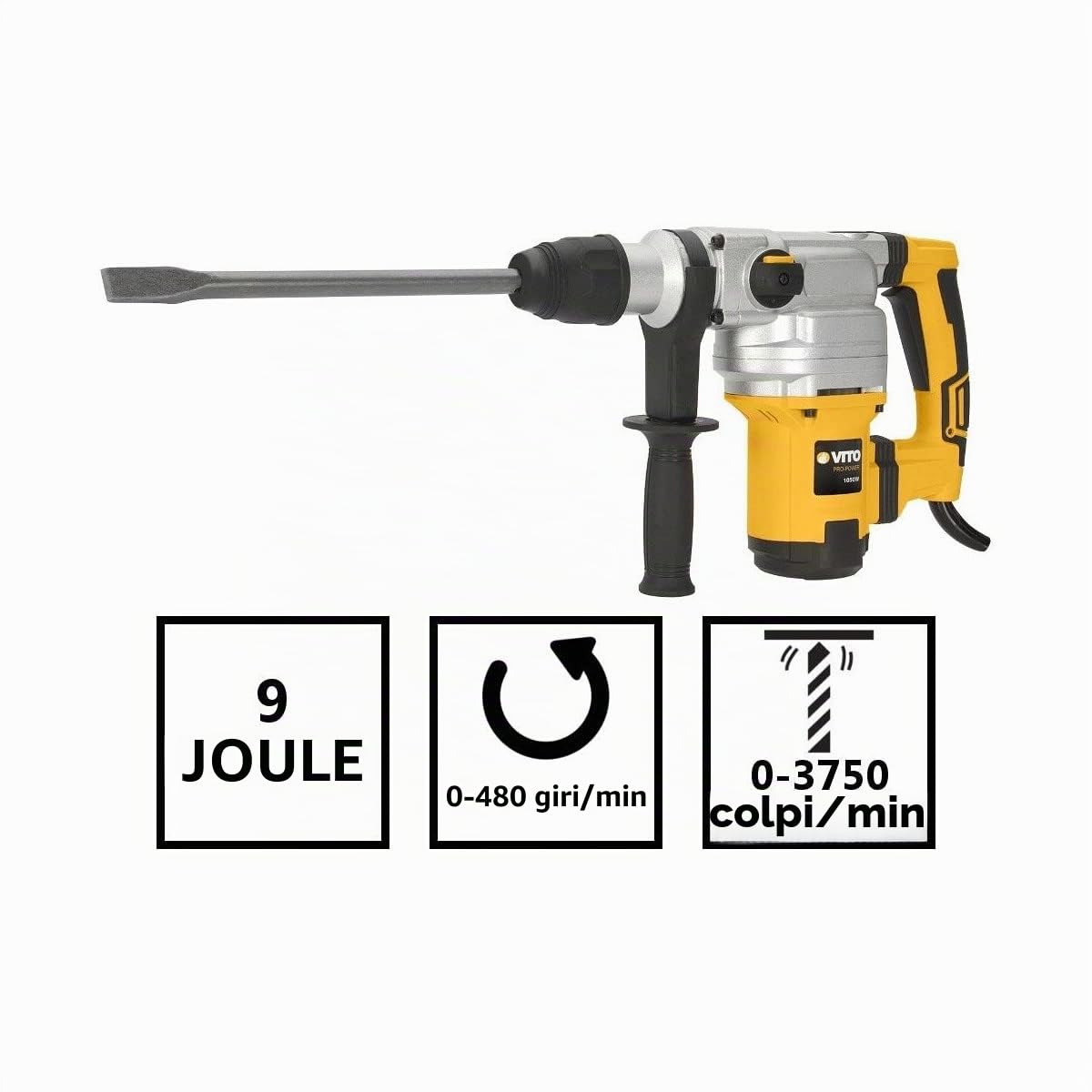 Martello pneumatico SDS-Max Vito 1050 W SDS Plus- Forza di Colpo 9 Joule – 3 funzioni – Valigetta + 7 accessori