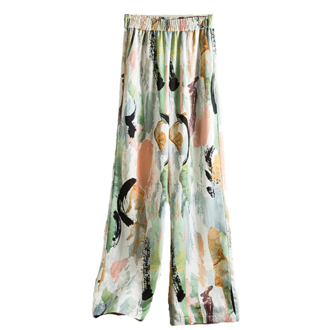 Pulcykp Women Oil Painting Style Wide Leg Pants Summer High Waist Tie-Dye Satin Casual Pants