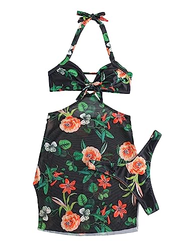 Bikini 3 pièces à fleurs noir et sa jupe de plage fendue pour l'été