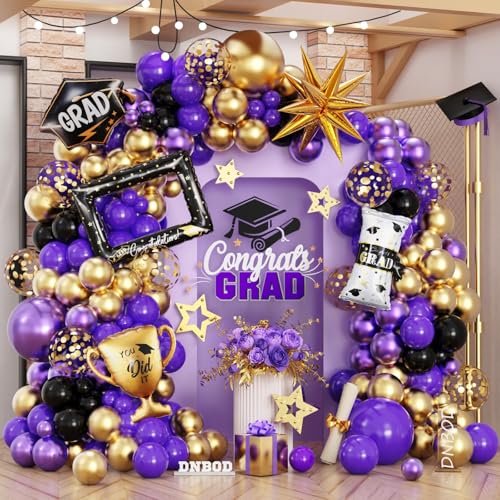 141Pcs Purple Gold Black Graduation Balloon Garland Arch Kit,with Explosion Star,Diploma,Trophy,Grad Hat,Photo Frame Foil Balloon for Congrats Class of 2026 Graduates Celebration Party Decoration