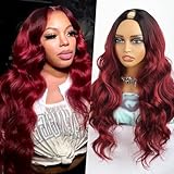 Mayouda BUG V Part Wig Long Body Wavy Wig Upgrade U Part Synthetic Hair for Black Women Burgundy 24Inch Curly Full Head Clip In Hair Glueless Natural Wavy Women Wigs(Burgundy)