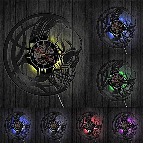 Wanduhr mit Totenkopf-Kopfhörern, Vinyl-LP-Schallplatte, Retro, schwarz, mit LED-Wandbeleuchtung, 30 cm