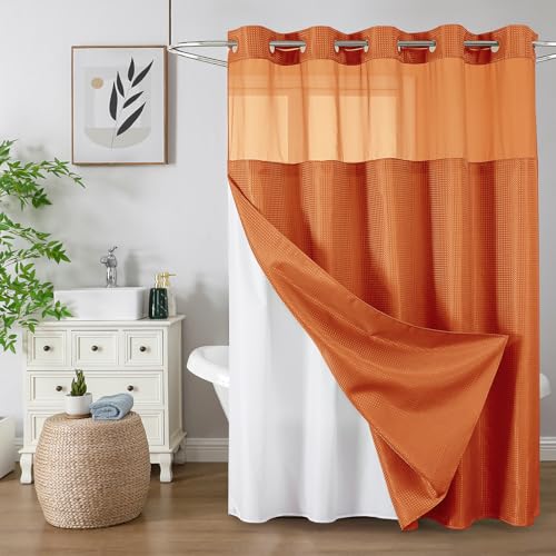 No Hook Shower Curtain with Snap in Fabric Liner Waffle Weave Heavy Duty Thick Shower Curtains with Mesh Top Window Hotel Style Waterproof Bathroom Curtain Set 72 x 75 Inch Burnt Orange
