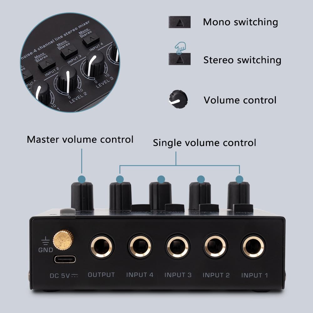 Mixer Audio, Mixer di linea stereo a rumore ultra basso a 6 canali Mini mixer audio professionale Alimentatore DC5V