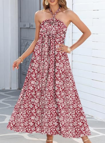 Image of Dokotoo Women's Summer Dresses Halter Neck Sleeveless Backless Flowy A Line Boho Maxi Dress