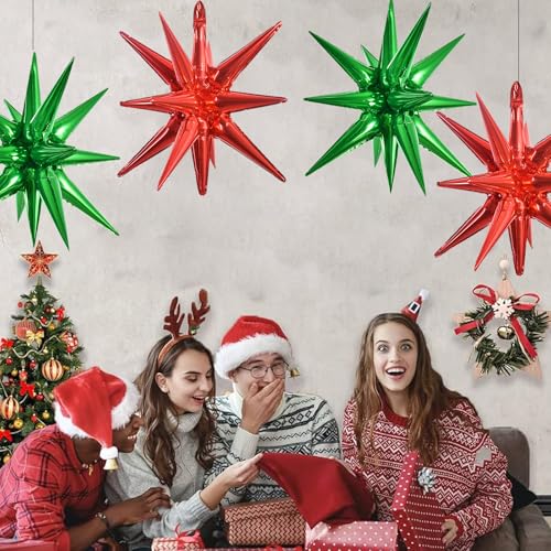 Image of TONIFUL 4Pcs Explosion Star Balloons Red and Green Foil Balloon Party Decor | 22 Inch Large Mylar Star Balloon for Christmas Party Decorations New Year Birthday Wedding Baby Shower Photo Booth Supplies