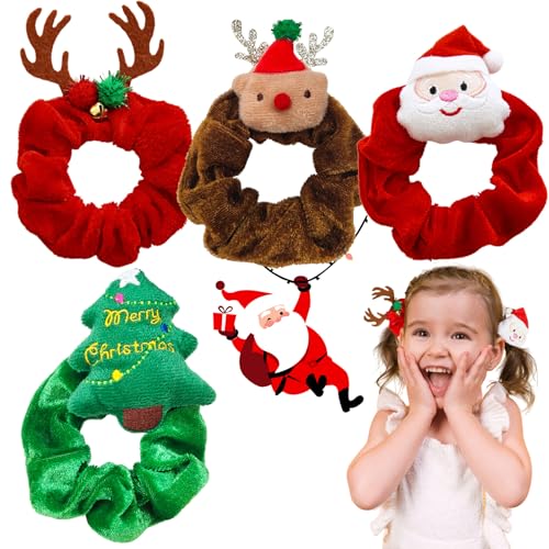 Lot de 4 Chouchous Cheveux Noël en Velours - Chouchous pour Filles et Femmes à Motifs Renne, Père et Sapin Noël, Bandeaux Accessoires de Cheveux Élastiques - Idéal Cadeau de Fête (Vert Rouge Marron)