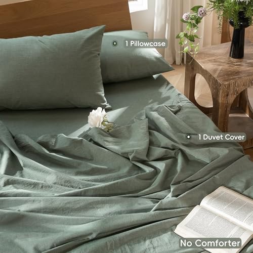 Image of MooMee Duvet Cover Set 100% Washed Cotton Linen Like Twin | Relaxed Linen-like Texture. Soft, Breathable & Long-lasting Comfort. Lightweight. Hidden Zipper with 8 Interior Corner Ties