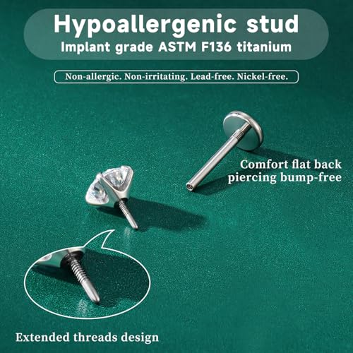 20G 18G 16G Flat Back Earrings Stud Nose Ring Titanium Internal Thread Tragus Labret Cartilage Lip Medusa Conch Body Piercing Jewelry Nose Stud Hypoallergenic for Women Men4